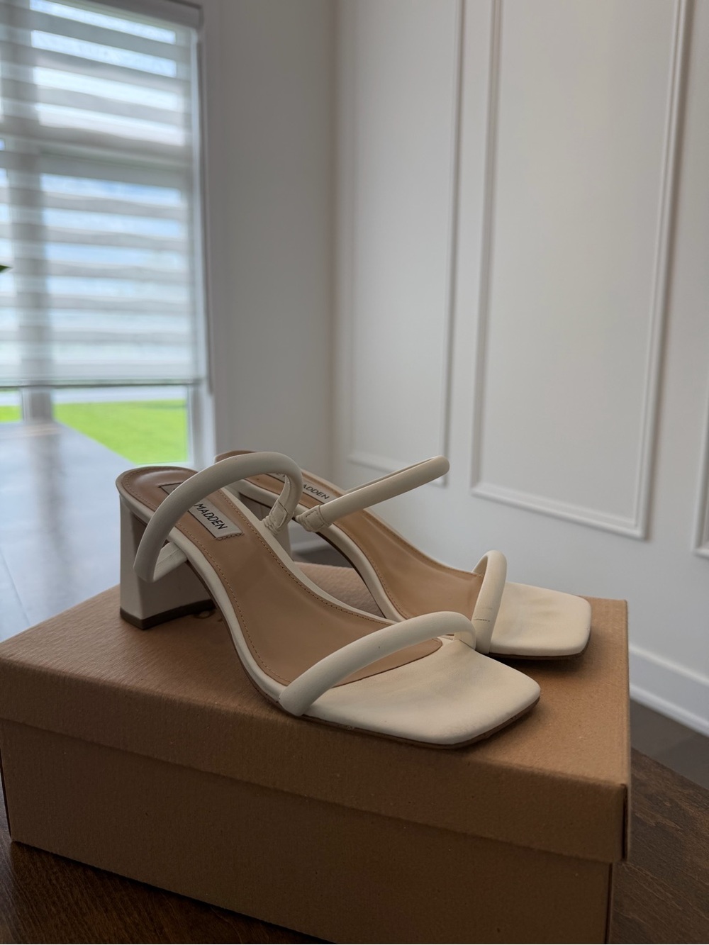 Steve Madden Cream Double-Strap Square-Toe Block Heel Sandal